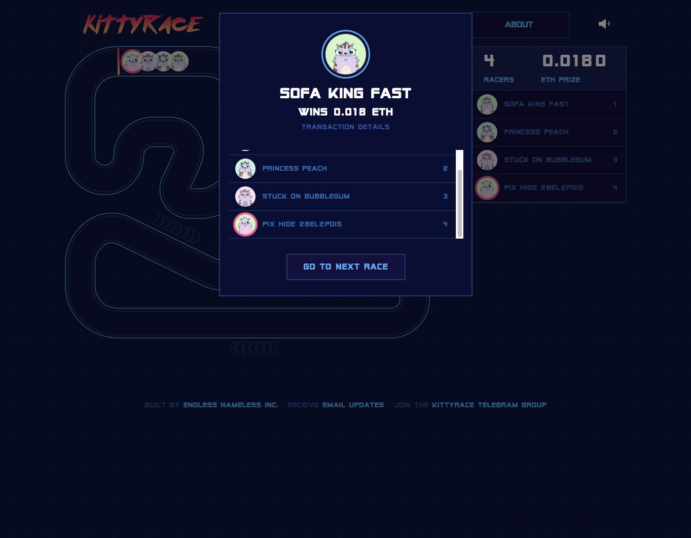 CryptoKitties are racing for prize money on the ethereum blockchain