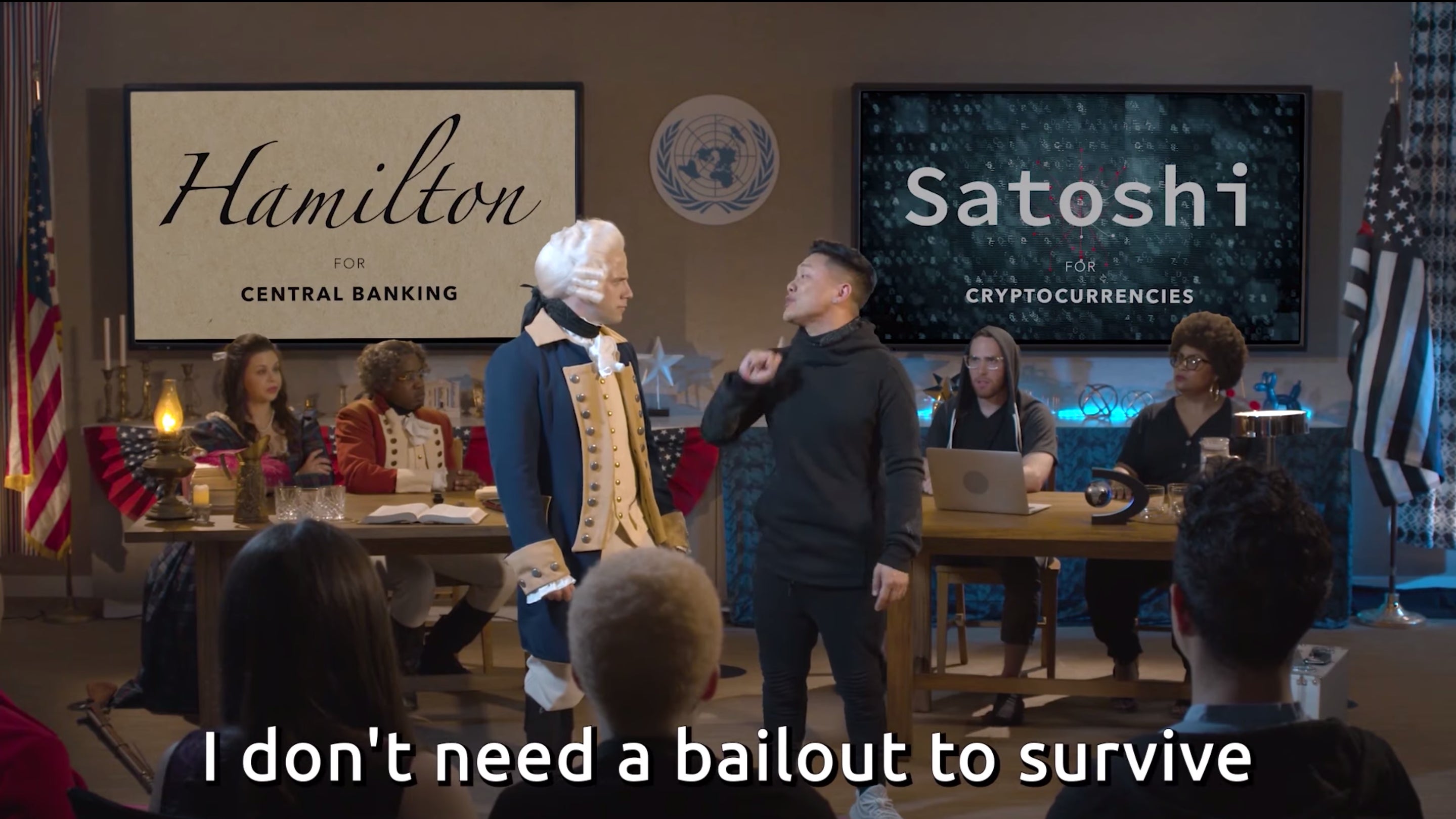 Watch: Hamilton and Satoshi Nakamoto debate bitcoin in a rap battle